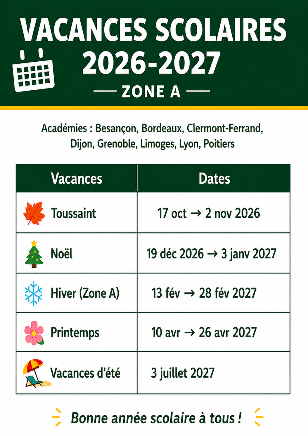 Calendrier scolaire 2025-2026